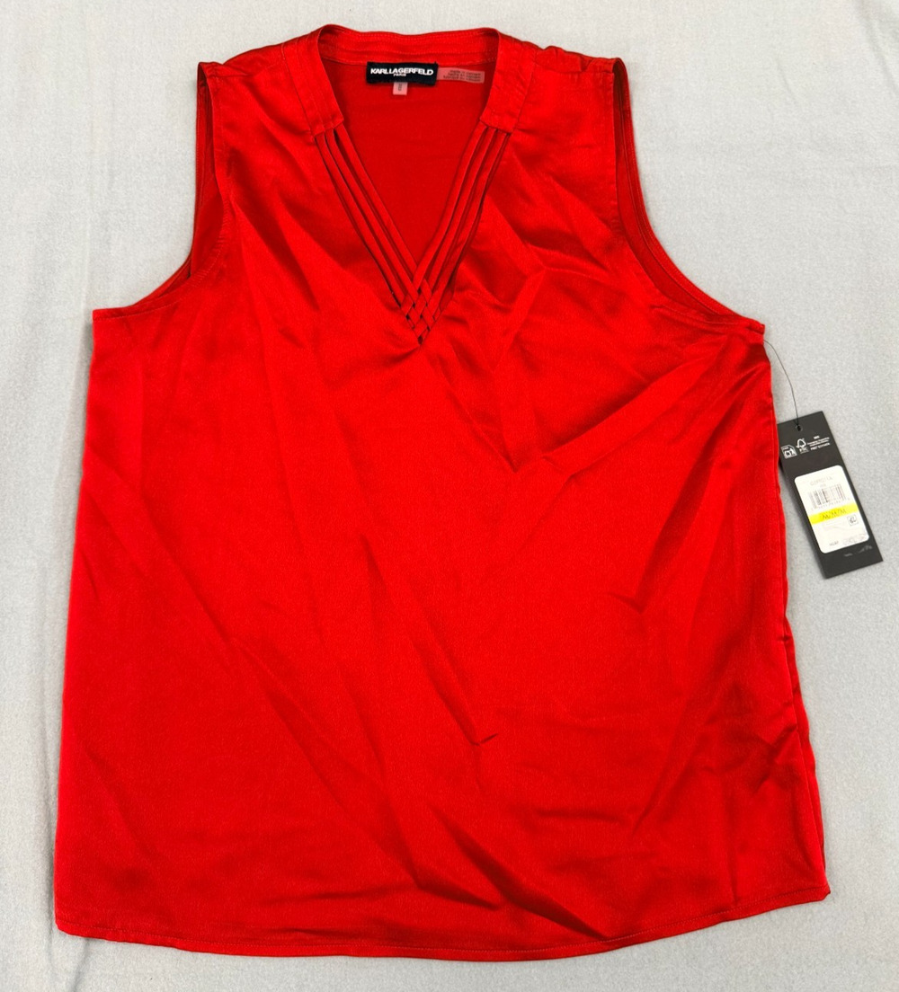 Karl Lagerfeld Paris Top Womens Medium Red Criss-Cross V-Neck Blouse Preppy NWT